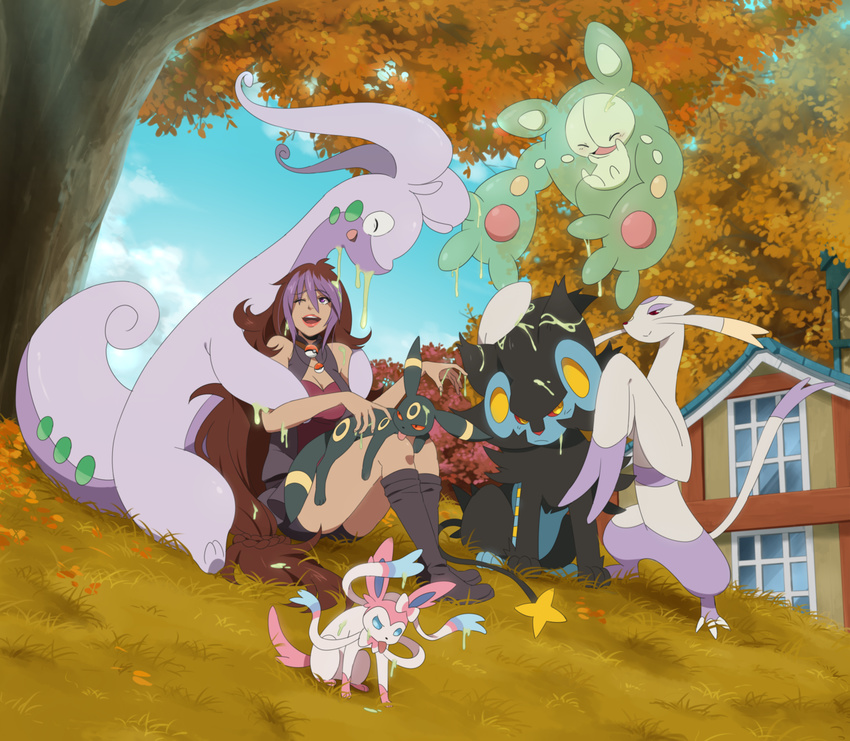 animal animal_on_lap autumn bare_shoulders black_footwear blue_sky boots brown_hair building cloud danzilla dark_skin day from_below gen_2_pokemon gen_4_pokemon gen_5_pokemon gen_6_pokemon goodra jewelry knee_boots lipstick long_hair luxray makeup mienshao multicolored_hair necklace one_eye_closed outdoors poke_ball pokemon pokemon_(creature) purple_hair reuniclus shorts sitting sky slime sylveon tree umbreon very_long_hair