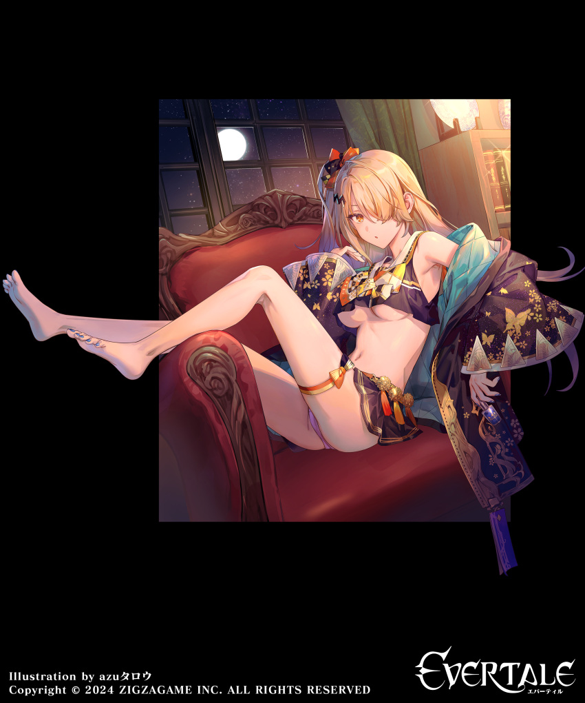 absurdres armpits ass azu-taro bare_legs bare_shoulders barefoot black_jacket black_shirt black_skirt blonde_hair bow bowtie breasts chair crop_top crop_top_overhang down_jacket evertale feet female full_moon hair_over_one_eye hand_up highres indoors jacket legs_up long_hair long_sleeves looking_at_viewer medium_breasts midriff miniskirt moon navel off_shoulder official_art okita_souji_(evertale) one_side_up open_clothes open_jacket orange_eyes panties parted_lips pink_panties pleated_skirt sailor_collar school_uniform serafuku shirt sitting sitting_sideways skirt sleeveless sleeveless_shirt solo stomach tassel thigh_strap thighs underboob underwear white_sailor_collar wide_sleeves