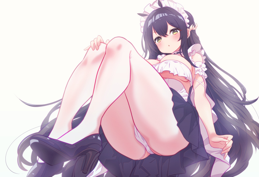 arbiter1 ass azur_lane black_hair black_skirt blush female from_below hair_between_eyes high_heels highres indomitable_(azur_lane) maid maid_headdress panties simple_background skirt solo underwear white_background white_panties yellow_eyes