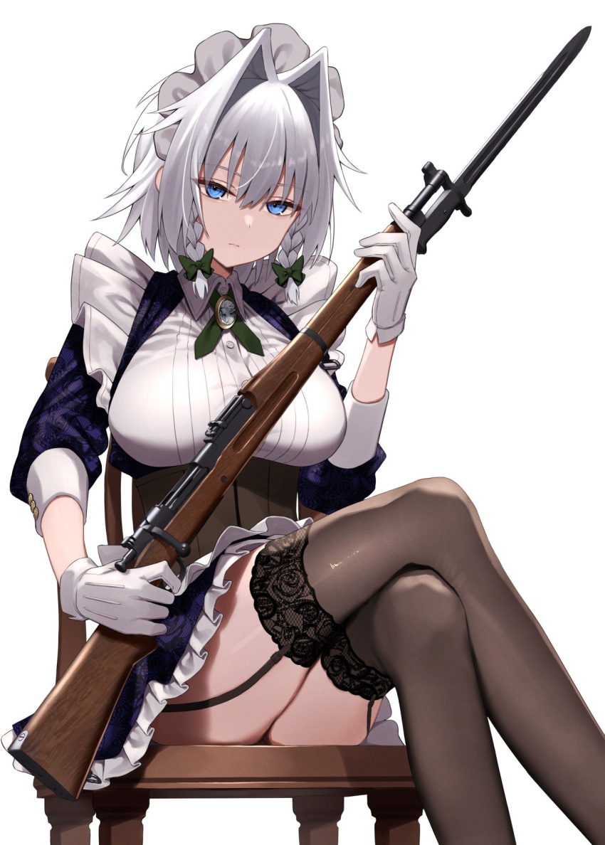 bayonet bolt_action crossed_legs feet_out_of_frame female greenkohgen gun highres holding holding_gun holding_weapon izayoi_sakuya m1903_springfield rifle simple_background sitting solo touhou weapon white_background