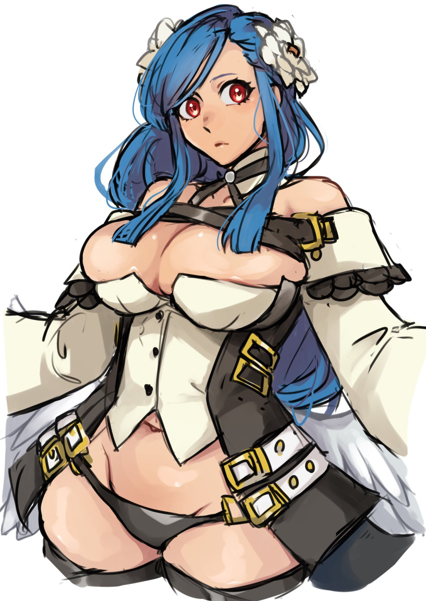 bare_shoulders black_panties blue_hair breasts detached_sleeves dizzy_(guilty_gear) female flower guilty_gear guilty_gear_strive guilty_gear_xrd hair_flower hair_ornament highres large_breasts long_hair mature_female navel nkmr_863 official_alternate_hairstyle panties queen_dizzy red_eyes sidelocks simple_background swept_bangs underwear white_background wings