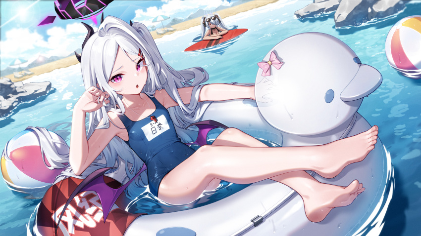 2girls :o absurdres afloat ahoge ball barefoot beachball black_horns blue_archive blue_one-piece_swimsuit blush breasts crossed_ankles dango_remi day demon_girl demon_horns demon_wings duck_innertube feet grey_hair hair_ornament hairclip halo highres hina_(blue_archive) hina_(swimsuit)_(blue_archive) horns innertube iori_(blue_archive) iori_(swimsuit)_(blue_archive) legs long_hair looking_at_viewer low_wings multiple_girls multiple_horns name_tag ocean official_alternate_costume old_school_swimsuit on_water one-piece_swimsuit outdoors parted_bangs parted_lips purple_eyes purple_wings rock school_swimsuit small_breasts soles solo_focus surfboard swim_ring swimsuit toes very_long_hair water water_drop wet whistle whistle_around_neck wings