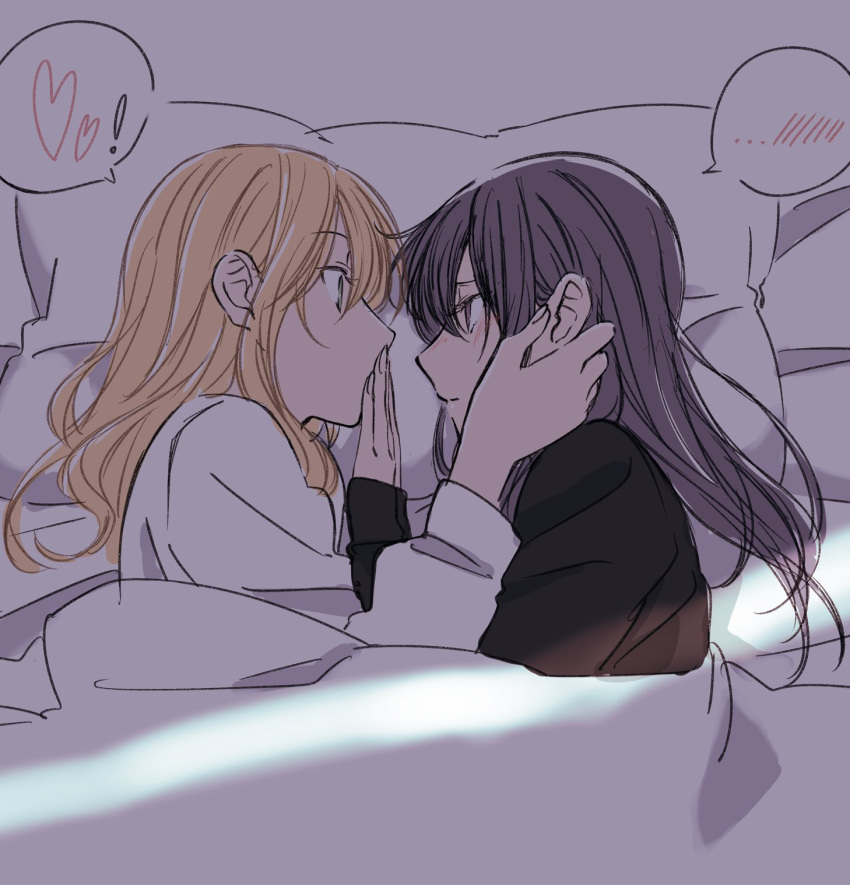 2girls aihara_mei aihara_yuzu bad_id bad_pixiv_id bed bed_sheet black_hair blonde_hair blush citrus_(saburouta) glidesloe green_eyes highres long_hair lying multiple_girls on_bed on_side pillow purple_eyes sheet_grab shirt siblings simple_background sisters step-siblings step-sisters wife_and_wife yuri