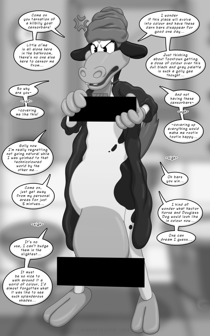 5:8 after_transformation alternate_universe angry anthro bathroom black_and_white black_body book bottomless bovid bovine breaking_the_fourth_wall breasts breasts_and_teats cattle censor_bar censored censored_breasts censored_nipples clarabelle_cow clothed clothing cowbell cross-popping_vein disney disney_style english_text female fingers fur gloves hair handwear hi_res holstein_friesian_cattle hooved_fingers hooves humanoid humor implied_transformation joke magic mammal markings monochrome mostly_nude multicolored_body multicolored_fur multiverse naturally_censored open_bathrobe open_mouth rubberhose_animation runningtoaster simple_background solo spots spotted_body spotted_fur standing tail tail_tuft teats text toony topwear towel tuft udders