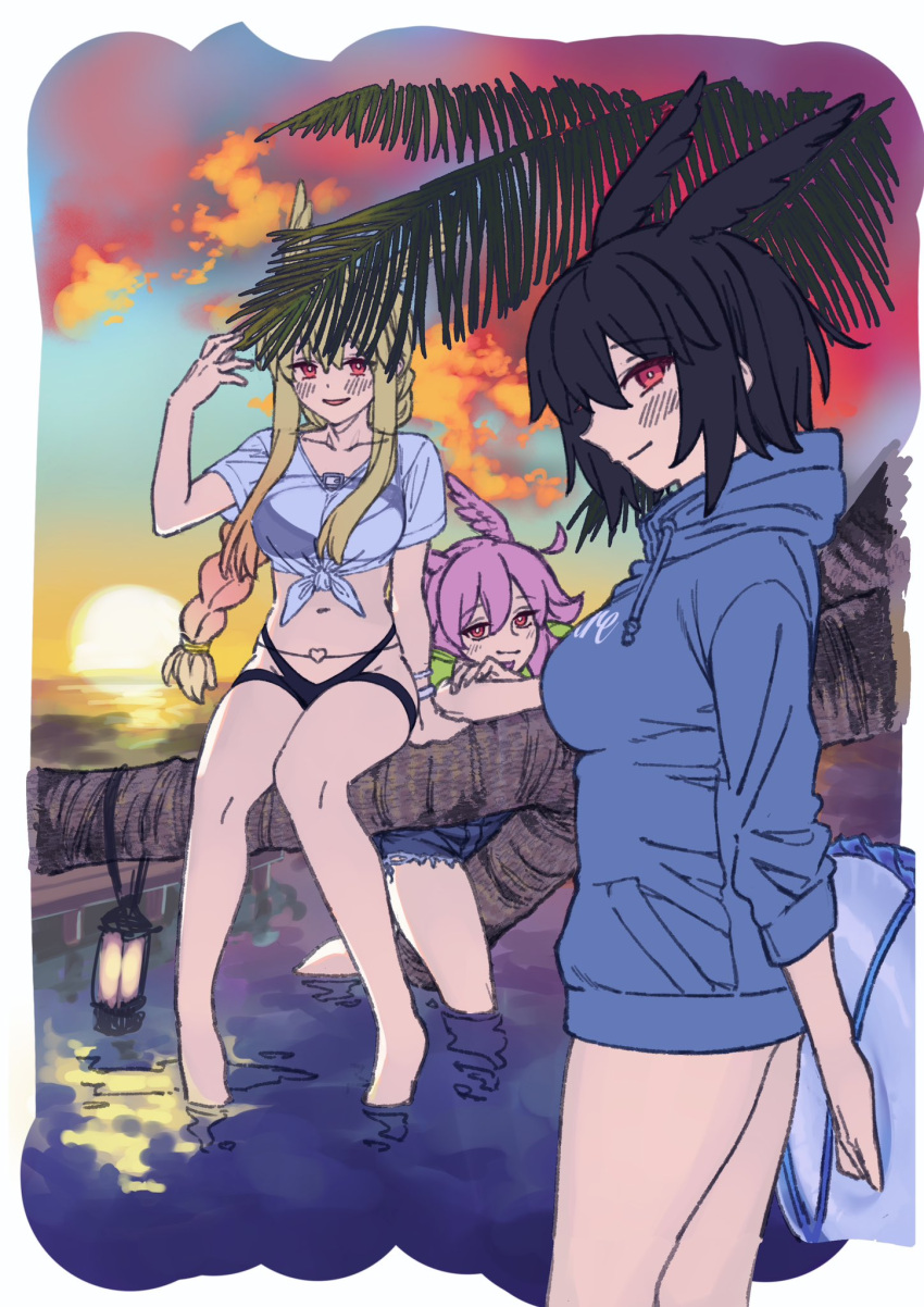 3girls beach bikini black_bikini black_hair blonde_hair blue_jacket blue_shorts breasts denim denim_shorts fate/grand_order fate_(series) gradient_sky head_wings highres hildr_(fate) hood hooded_jacket jacket lamp large_breasts long_hair long_sleeves looking_at_viewer mitsurugi_sugar multiple_girls orange_sky ortlinde_(fate) palm_tree pink_hair red_eyes shirt short_hair short_sleeves shorts sidelocks sky smile sunset swimsuit thighs thrud_(fate) tied_shirt tree twilight valkyrie_(fate) white_shirt wings