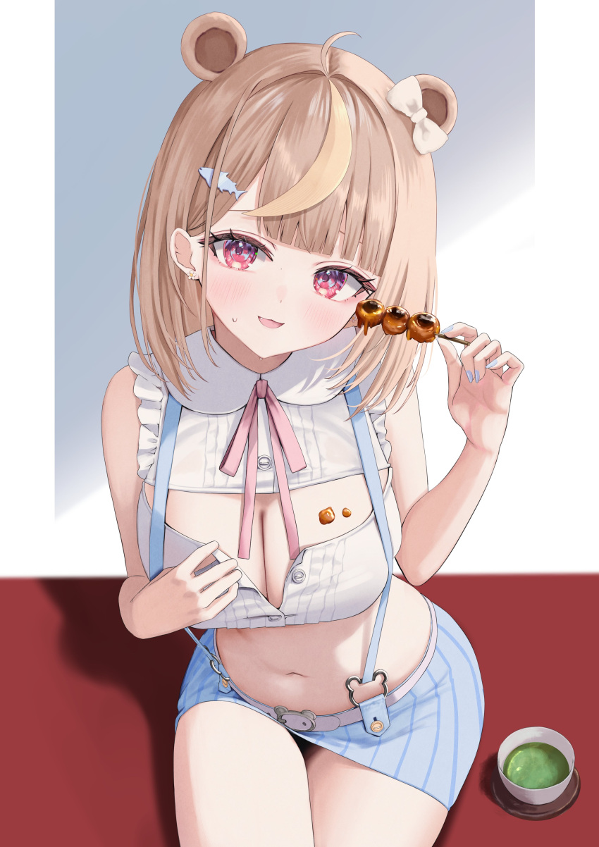 absurdres ahoge animal_ears ara1e bare_shoulders bear_ears blonde_hair bow breasts brown_hair cleavage_cutout clothing_cutout cup dango dripping female fish_hair_ornament food food_on_body food_on_breasts hair_ornament hairbow highres large_breasts looking_at_viewer medium_hair nail_polish open_mouth original sitting skirt smile solo tea teacup unbuttoned wagashi