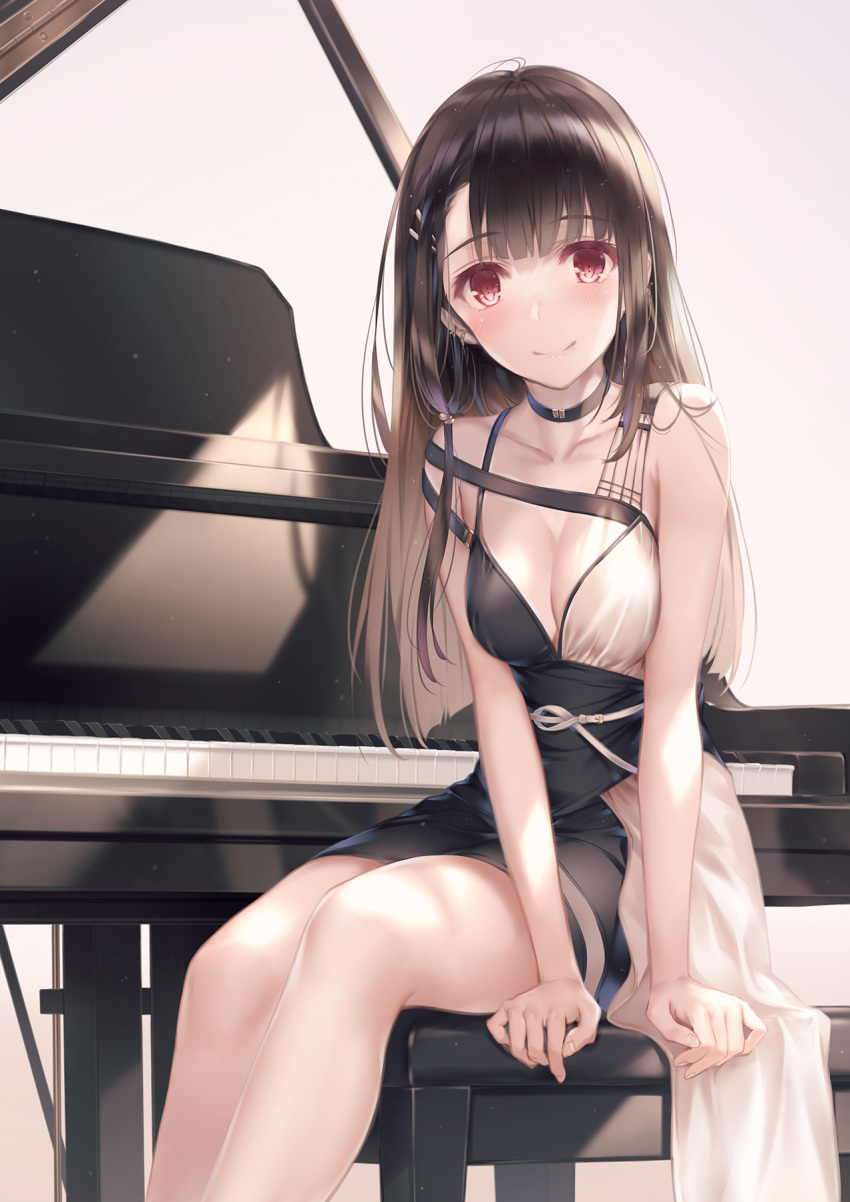 breasts choker cleavage closed_mouth cradle_(circle) dress ear_piercing female grand_piano highres instrument knees large_breasts legs long_hair looking_at_viewer misaki_kurehito pan_piano piano piercing real_life sitting smile solo thighs