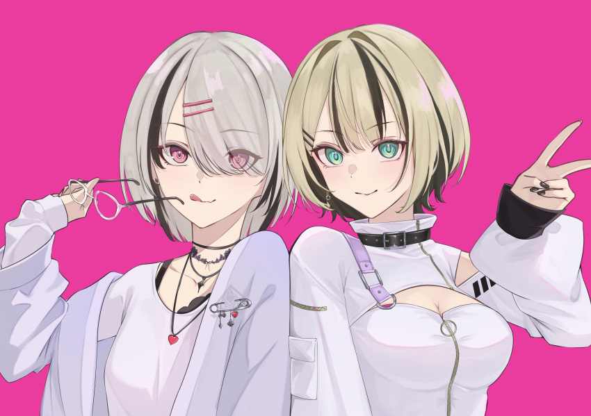 2girls asumi_sena asumi_sena_(5th_costume) belt_collar black_hair black_nails blonde_hair bra_strap breasts bustier cardigan cattleya_regina_games chest_strap cleavage clothing_cutout collar collarbone colored_inner_hair earrings eyes_visible_through_hair glasses green_eyes grey_cardigan grey_hair hair_ornament hairpin heart heart_necklace high_collar highres holding holding_removed_eyewear iris_black_games jewelry kurumi_noah kurumi_noah_(7th_costume) layered_shirt long_sleeves looking_at_viewer multicolored_hair multiple_girls multiple_necklaces necklace parted_bangs pink_background pink_eyes shirt shoulder_cutout shrug_(clothing) single_off_shoulder siro_o77 streaked_hair tongue tongue_out unworn_eyewear upper_body v virtual_youtuber vspo! white_bustier white_shirt white_shrug