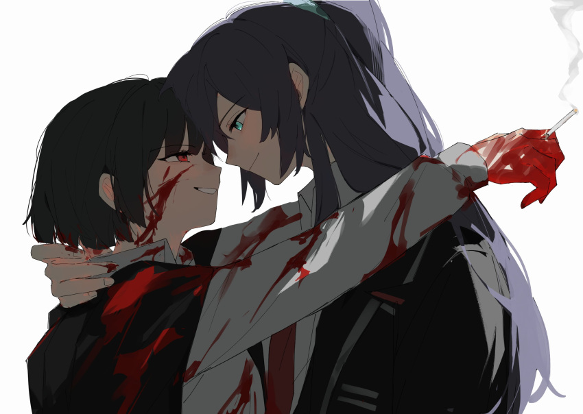 1boy black_hair black_jacket blood blood_on_clothes blood_on_face blood_on_hands blue_eyes bob_cut cigarette collared_shirt dress_shirt female forehead-to-forehead from_side grin hair_tie heads_together high_ponytail highres holding holding_cigarette hong_lu_(project_moon) hug jacket jacket_on_shoulders limbus_company long_hair looking_at_another munh422 necktie parted_bangs project_moon red_eyes red_necktie ryoshu_(project_moon) shirt short_hair simple_background smile smoke white_background white_shirt wispy_bangs