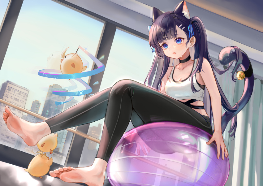 animal_ears azur_lane ball bare_arms bare_shoulders barefoot bird black_choker black_hair black_pants blue_eyes blunt_bangs breasts cat_ears cat_girl cat_tail chick choker crop_top exercise_ball extra_ears female hair_ornament hair_ribbon hairclip hatsuharu_(azur_lane) highres looking_ahead manjuu_(azur_lane) midriff open_mouth pants rero_(bigdoorbig2) ribbon shirt sleeveless sleeveless_shirt small_breasts solo sports_bra sweat tail track_pants two_side_up white_shirt