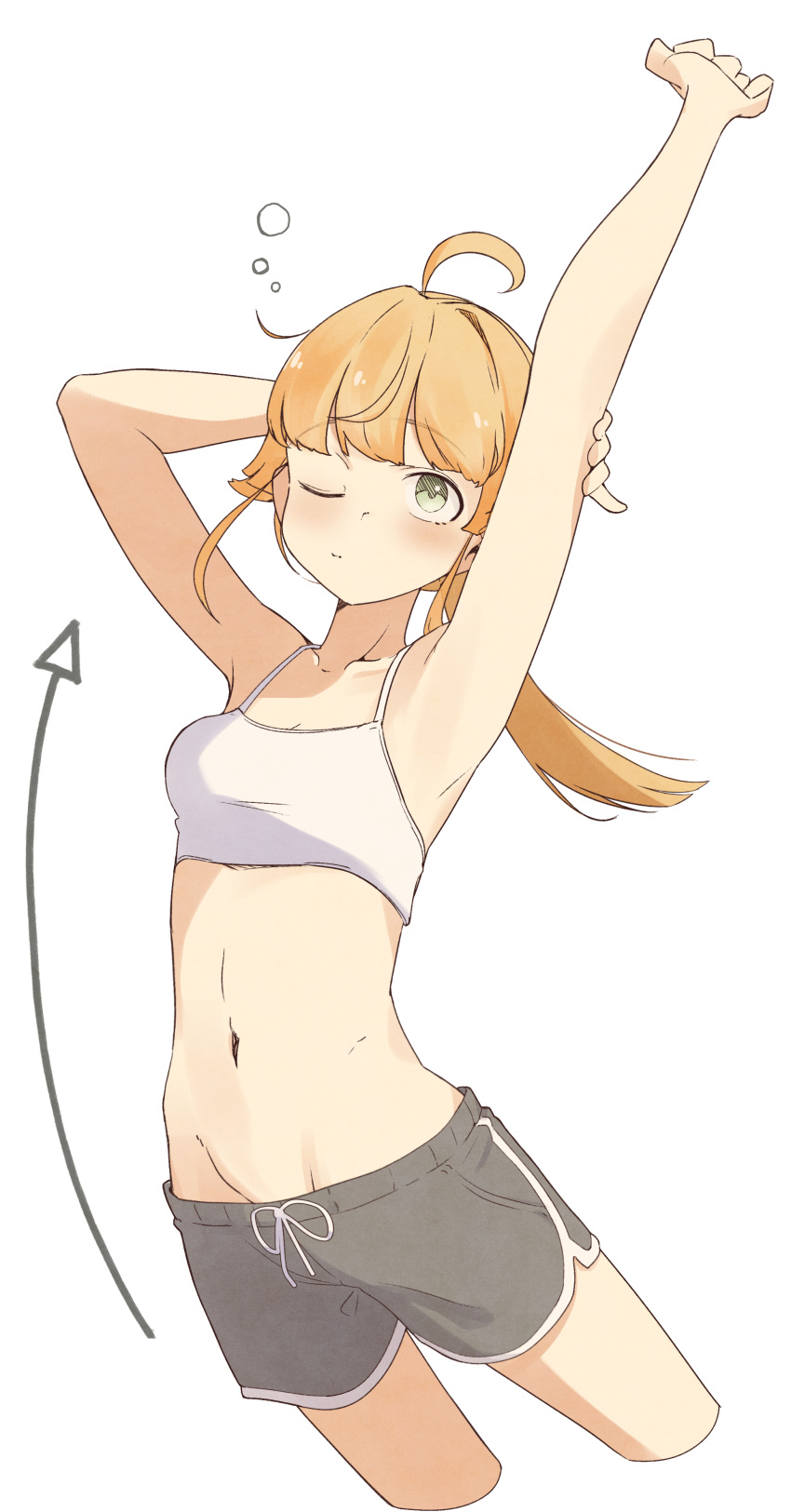 absurdres arm_up armpits arrow_(symbol) black_shorts blonde_hair blush breasts camisole cleavage closed_mouth cropped_legs eyebrows_hidden_by_hair female green_eyes groin highres holding_own_arm looking_up medium_hair mushoku_tensei navel norn_greyrat ponytail root_(1732050807point) shorts simple_background small_breasts solo squeans stomach stretching white_background white_camisole