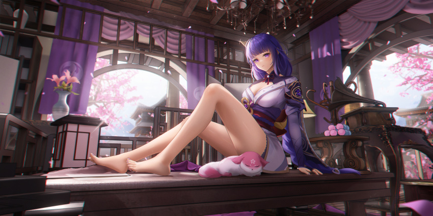 absurdres artist_name bare_legs barefoot braid breasts bridal_gauntlets chinese_commentary cleavage commentary_request dango day female fingernails flower food genshin_impact highres indoors japanese_clothes kimono large_breasts light_frown ling_dianxia long_hair looking_at_viewer nail_polish obi pink_flower purple_bridal_gauntlets purple_eyes purple_hair purple_kimono purple_nails raiden_shogun red_sash sanshoku_dango sash sitting toenails variant_set vase very_long_hair vision_(genshin_impact) wagashi yae_miko yae_miko_(fox)