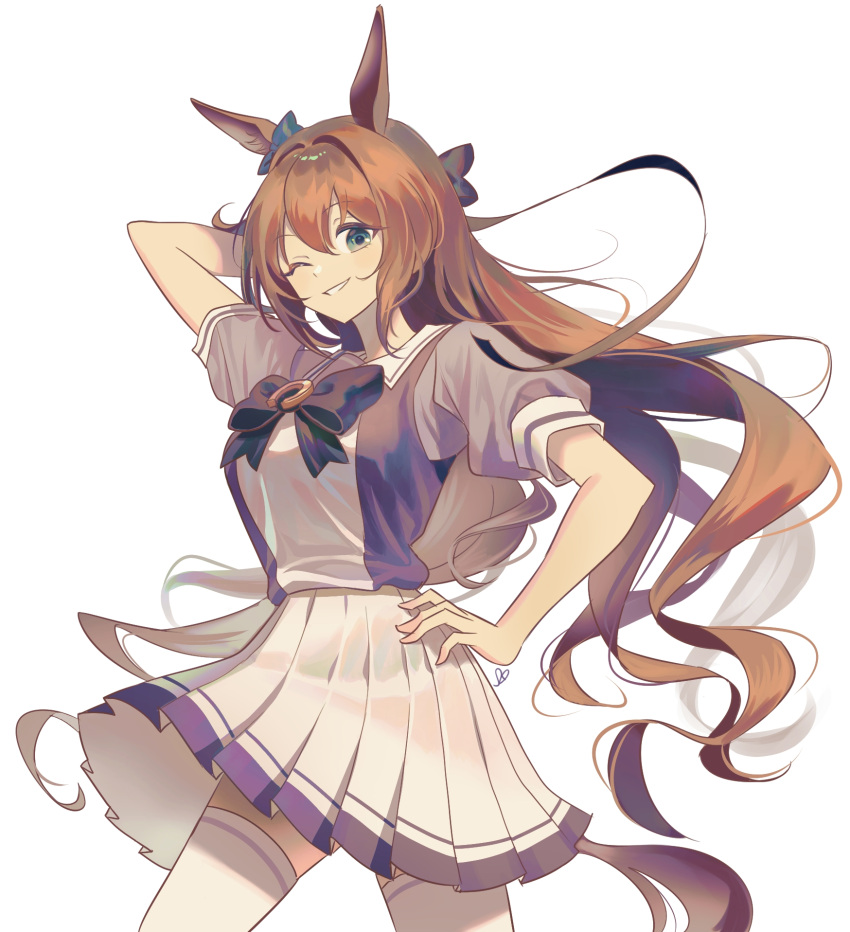 animal_ears arm_up black_bow blue_bow bow brown_hair commentary_request ear_bow elosia female grin hairbow highres horse_ears horse_girl horse_tail long_hair maruzensky_(umamusume) puffy_short_sleeves puffy_sleeves purple_bow purple_shirt school_uniform shirt short_sleeves simple_background skirt smile solo summer_uniform tail thighhighs tracen_school_uniform umamusume very_long_hair white_background white_thighhighs