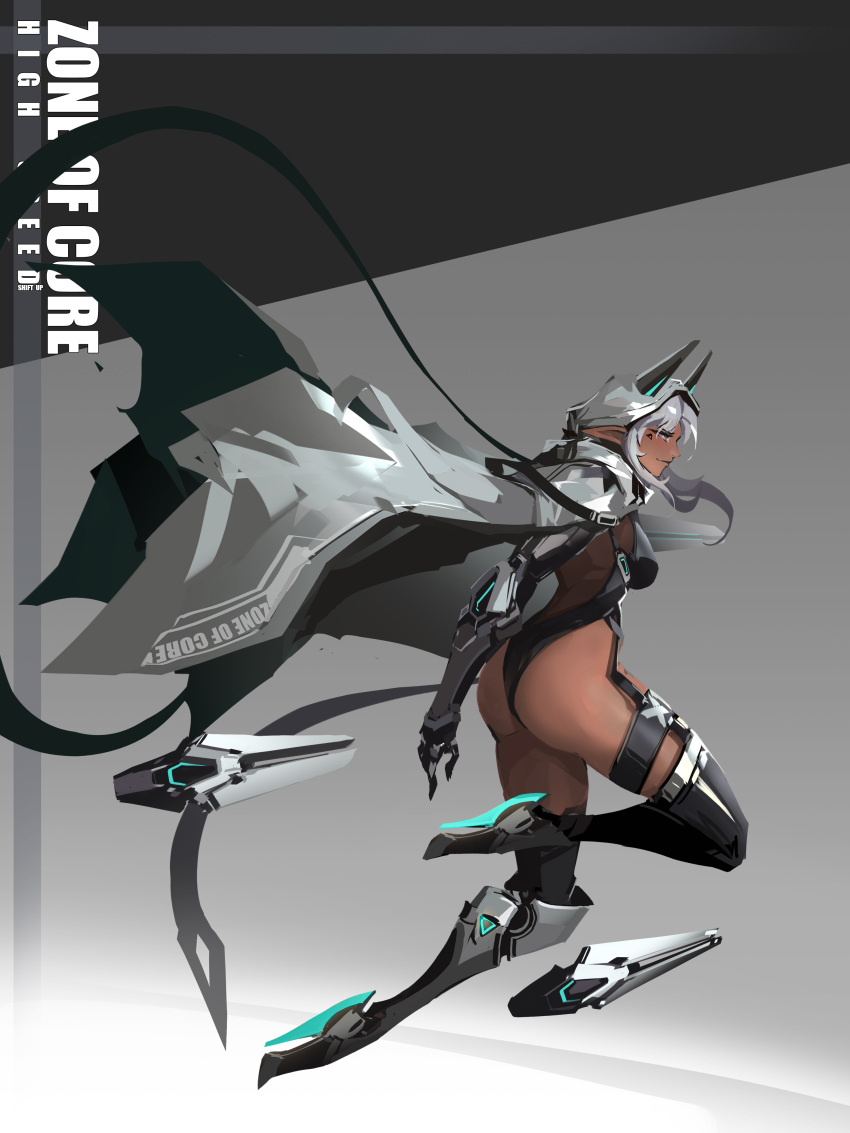 absurdres ass black_background black_leotard black_thighhighs breasts cape dark-skinned_female dark_elf dark_skin elf english_text female from_side grey_background grey_cape grey_hair highres leotard long_pointy_ears mechanical_arms medium_breasts original pointy_ears single_mechanical_arm smjim1986 solo thighhighs two-tone_background