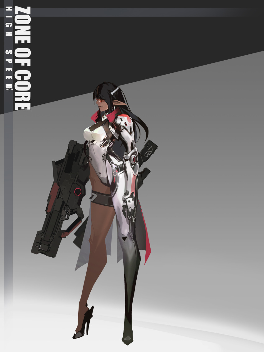 absurdres black_background black_hair breasts cyborg dark-skinned_female dark_elf dark_skin elf english_text female from_side full_body glasses grey_background gun high_heels highleg highleg_leotard highres holding holding_gun holding_weapon leotard long_hair long_pointy_ears mechanical_arms medium_breasts orange-tinted_eyewear original pantyhose pointy_ears science_fiction shoes single_leg_pantyhose single_mechanical_arm smjim1986 solo thigh_strap tinted_eyewear two-tone_background weapon white_leotard white_pantyhose