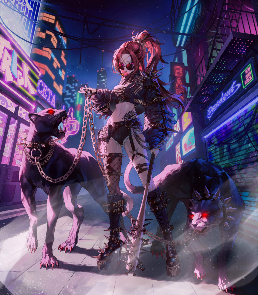 absurdres black_panther boots breasts cigarette copyright_request cutoff_jeans cutoffs ezr_bb female full_body high_heel_boots high_heels high_ponytail highres holding holding_weapon jacket midriff navel neon_lights night night_sky open_clothes open_jacket red_hair single_thighhigh sky smoking solo spiked_bat spiked_boots spiked_jacket sunglasses tattoo thigh_strap thighhighs weapon