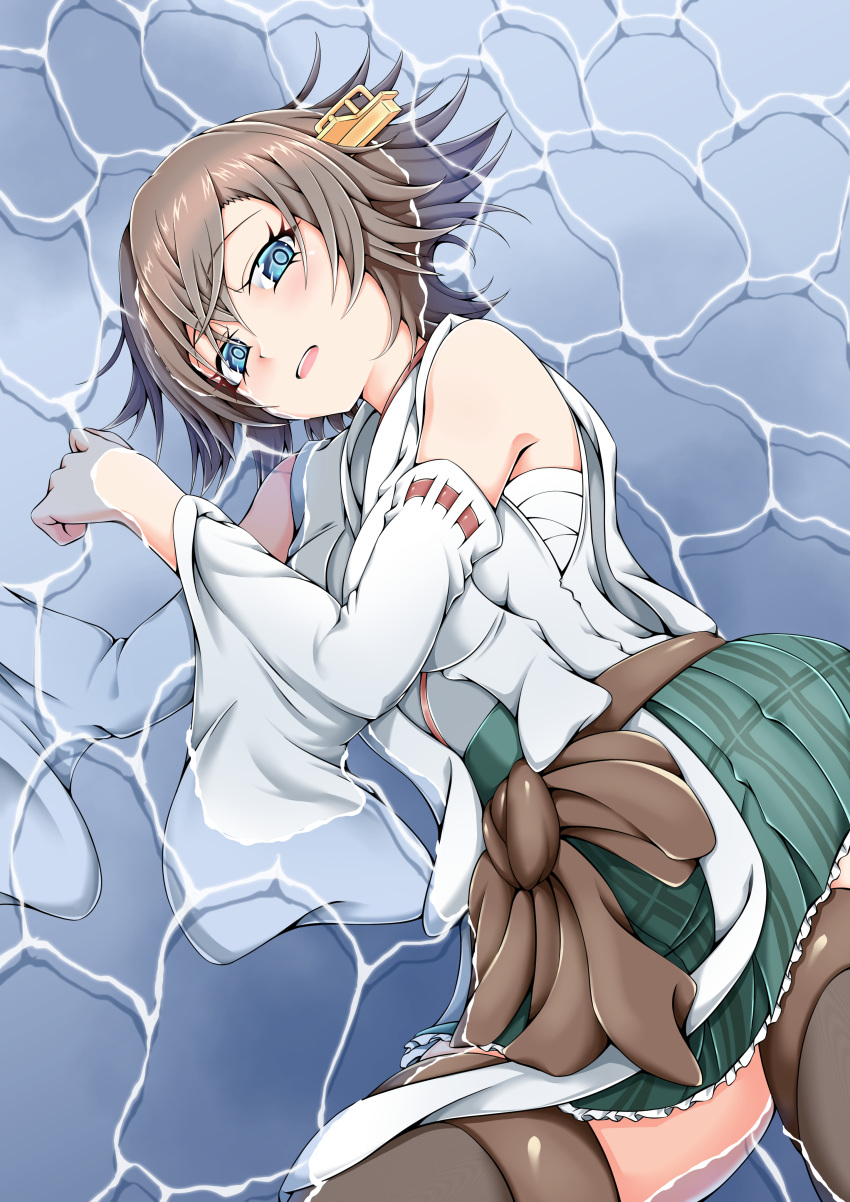 absurdres blue_eyes boots breasts brown_hair chest_sarashi detached_sleeves female flipped_hair frilled_skirt frills green_skirt headgear hiei_(kancolle) hiei_kai_ni_(kancolle) highres japanese_clothes kantai_collection large_breasts lying nontraditional_miko on_side oohashi_yanta partially_submerged plaid_clothes plaid_skirt ribbon-trimmed_sleeves ribbon_trim sarashi short_hair skirt thigh_boots wide_sleeves