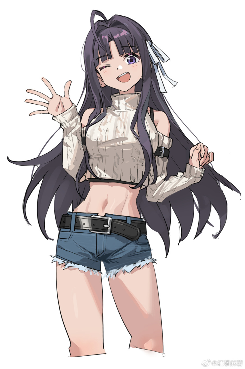 awa_subaru belt belt_buckle black_belt black_hair blue_shorts blush bra_strap buckle clothing_cutout commentary crop_top cropped_legs female girls_band_cry hair_intakes hair_ribbon head_tilt highres hongchamashu long_hair looking_at_viewer midriff navel one_eye_closed open_mouth parted_bangs purple_eyes ribbon shorts shoulder_cutout sidelocks simple_background sleeves_past_wrists smile solo sweater teeth upper_teeth_only waving weibo_watermark white_background white_ribbon white_sweater