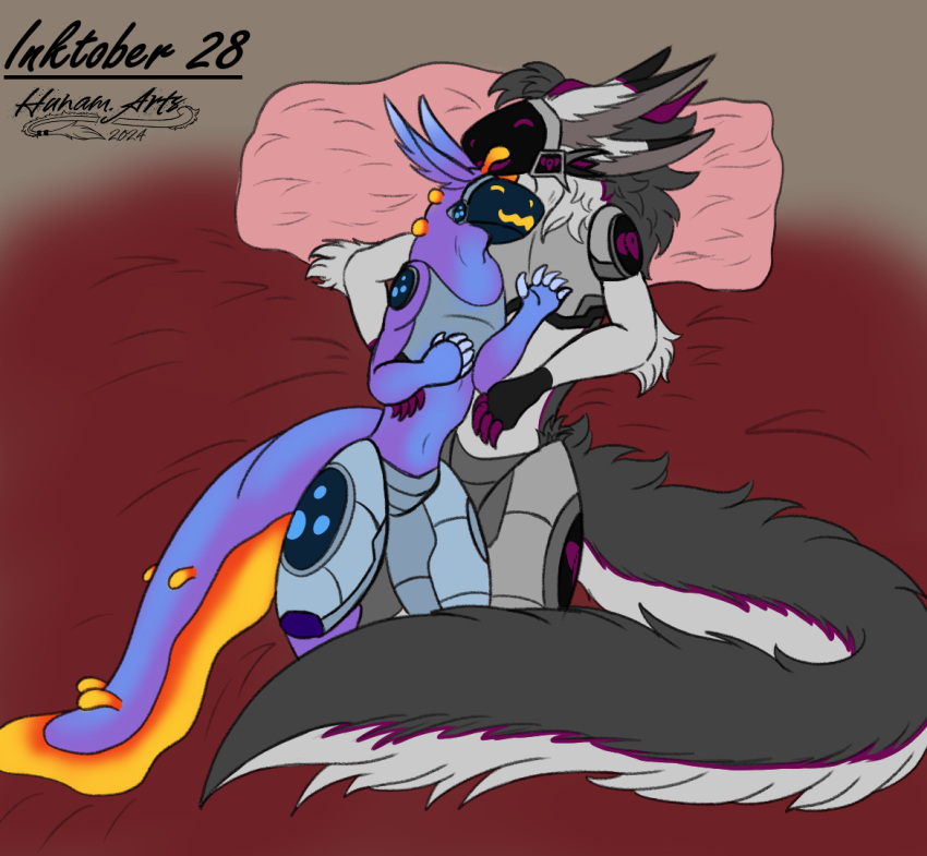 4_ears anthro claws cuddling duo ear_tuft female fur fur_markings grey_body grey_fur hunamarts inktober_2024 machine male male/female markings mizu_(protogen) multi_ear protogen protogen_armor protogen_visor shizuka(protogen) sleeping sleeping_together tail tired tuft white_body white_fur