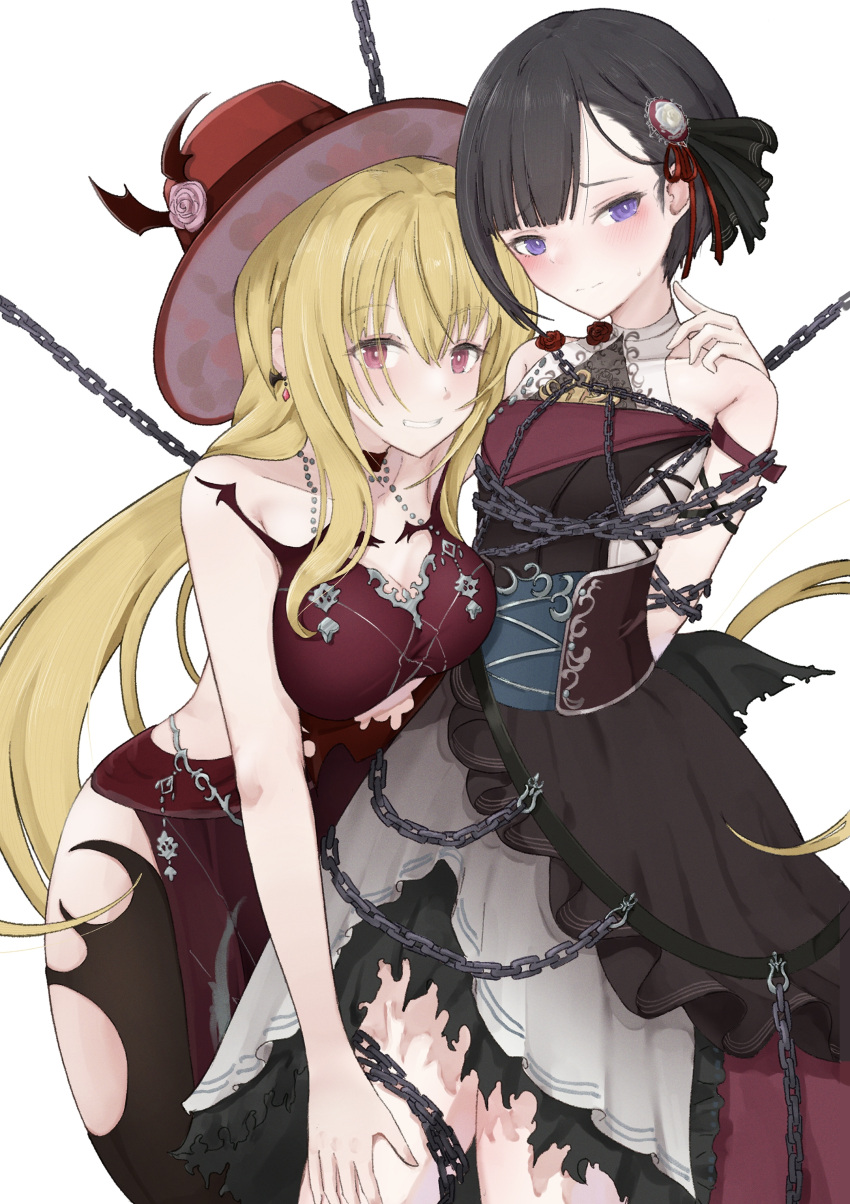 2girls absurdres asymmetrical_bangs black_hair blonde_hair blush bound bound_torso breasts bright_pupils btpooo chains clothing_cutout flat_chest hat highres idolmaster idolmaster_cinderella_girls kurosaki_chitose large_breasts long_hair looking_at_viewer medium_breasts multiple_girls purple_eyes red_eyes red_hat restrained shirayuki_chiyo short_hair simple_background smile sweatdrop very_long_hair white_background white_pupils