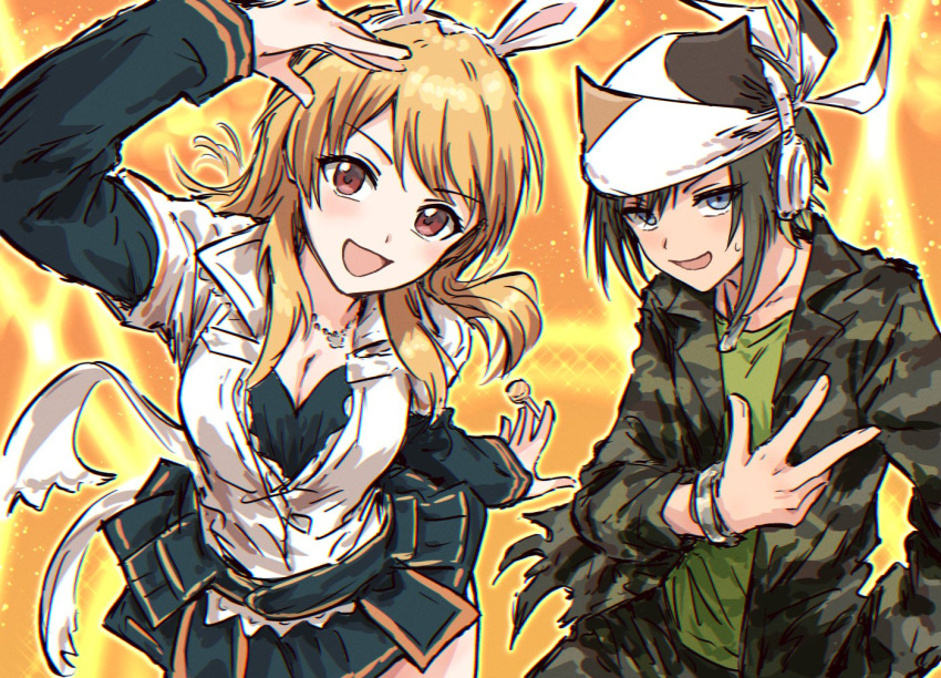 2girls :d aimoto_rinku akashi_maho animal_ear_hairband animal_ears black_hair black_shirt black_skirt blonde_hair blue_eyes bracelet breasts bullfalk camouflage camouflage_jacket cleavage collared_jacket cowboy_shot d4dj fake_animal_ears green_jacket green_shirt hairband hand_in_pocket jacket jewelry layered_sleeves long_hair long_sleeves looking_at_viewer medium_breasts miniskirt multicolored_hair multiple_girls necklace open_clothes open_jacket open_mouth orange_background rabbit_ear_hairband rabbit_ears red_eyes shirt short_hair short_over_long_sleeves short_sleeves sidelocks skirt smile streaked_hair sweatdrop triangular_headpiece v-shaped_eyebrows w white_jacket