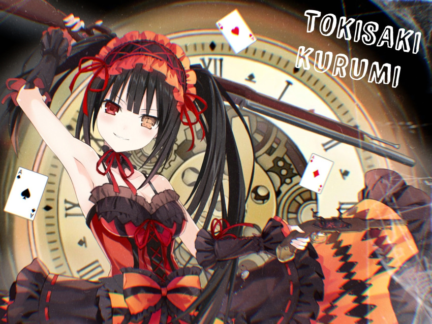 antique_firearm arms_up bare_shoulders black_hair blush bow bowtie breasts clock clock_eyes clockwork date_a_live detached_collar dress english_text female floating_card frilled_dress frills gothic_lolita gun hairband heterochromia highres holding lolita_fashion lolita_hairband long_hair looking_at_viewer medium_breasts orange_dress red_bow red_bowtie red_eyes saint_laurent_paris smile solo symbol-shaped_pupils tokisaki_kurumi twintails weapon yellow_eyes