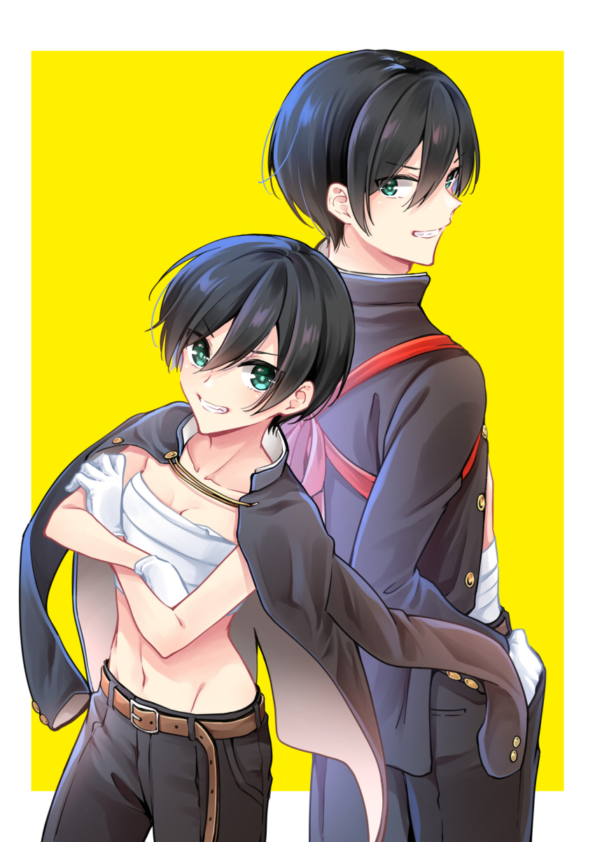 1boy aqua_eyes asazuki_norito back-to-back belt black_hair black_pants breasts brown_belt chest_sarashi cleavage commentary_request dual_persona female gakuran gloves grin hands_on_own_hips highres hip_bones jacket jacket_on_shoulders midriff_sarashi navel pants sagimiya_ryou sagimiya_ryou_(female) sagimiya_ryou_(male) sarashi school_uniform short_hair small_breasts smile white_gloves yellow_background zenbu_kimi_no_sei