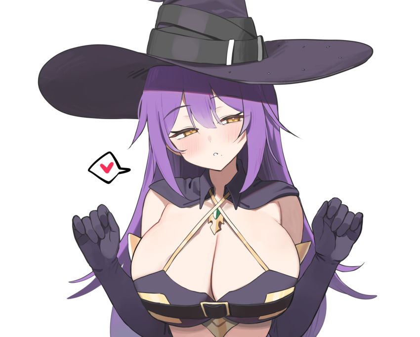 bare_shoulders belt bikini black_bikini black_gloves black_hat breasts capelet cleavage commission criss-cross_halter elbow_gloves female gloves half-closed_eyes halterneck hands_up hat hat_belt heart highres large_breasts long_hair looking_to_the_side mole mole_under_mouth original parted_lips purple_hair simple_background solo spoken_heart strap_gap string_bikini swimsuit twin_(tt_lsh) upper_body very_long_hair white_background witch_hat yellow_eyes