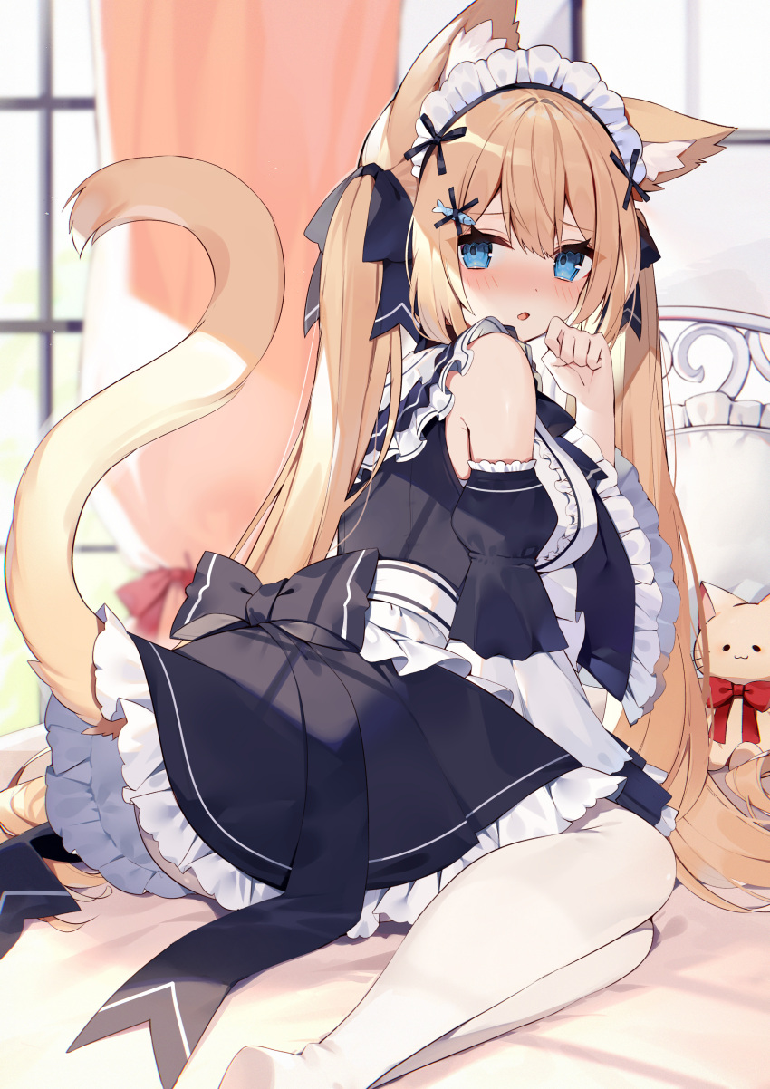 :o absurdres animal_ear_fluff animal_ears artist_request black_bow blonde_hair blue_eyes blush bow cat_ears cat_girl cat_tail detached_sleeves double-parted_bangs dress female frilled_dress frills from_behind hairbow hanazono_serena highres indie_virtual_youtuber maid maid_headdress on_bed sitting solo stuffed_animal stuffed_toy tail tail_raised thighhighs twintails white_thighhighs window yokozuwari