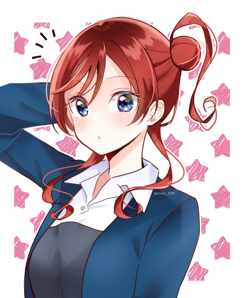 birthday blue_eyes blush breasts commentary female hair_bun highres looking_at_viewer love_live! love_live!_superstar!! medium_breasts red_hair ririn_(ririn_501) school_uniform single_side_bun solo star_(symbol) twitter_username yoneme_mei yuigaoka_school_uniform