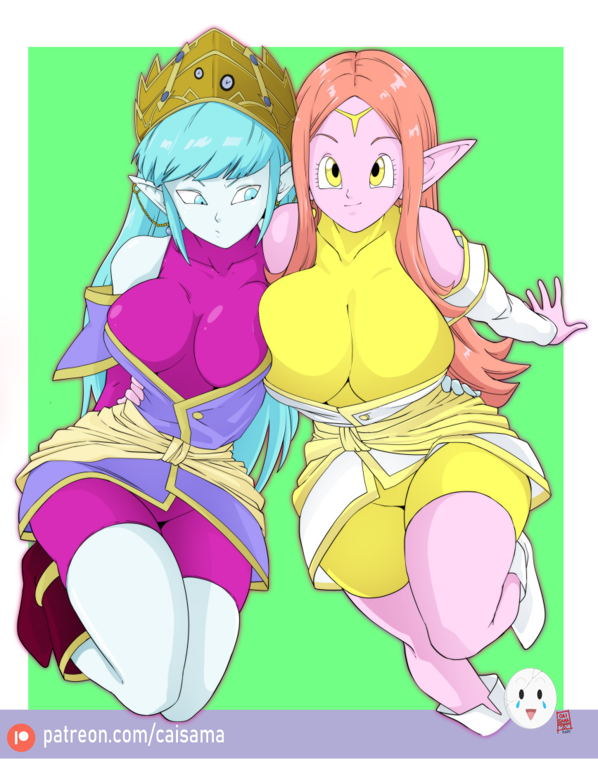 2girls absurdres aeos_(dragon_ball) blue_skin breast_envy breasts caisamax chronoa colored_skin dragon_ball dragon_ball_heroes ear_chain earrings highres huge_breasts jewelry large_breasts long_pointy_ears looking_at_breasts multiple_girls patreon_logo patreon_username pink_skin pointy_ears