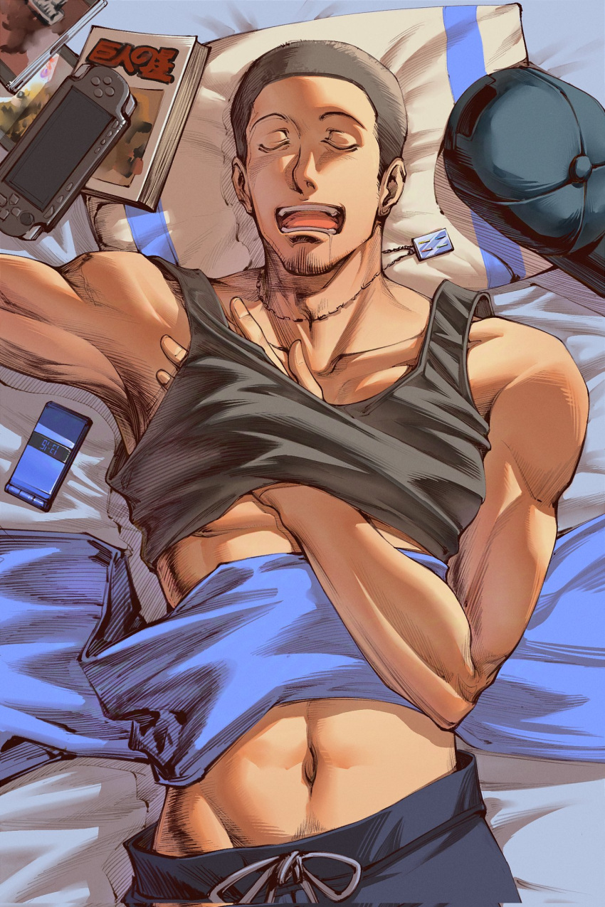 1boy baseball_cap black_hair black_tank_top blue_pants cellphone closed_eyes collarbone dark-skinned_male dark_skin drooling facial_hair flip_phone goatee_stubble handheld_game_console hat highres iori_junpei jewelry lying male_focus manga_(object) midriff necklace official_alternate_costume oldkin on_back on_bed pants persona persona_3 phone playstation_portable short_hair sleeping solo stubble tank_top toned toned_male unworn_hat unworn_headwear very_short_hair