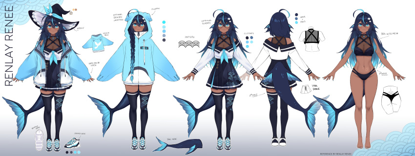 :3 a-pose absurdres ahoge animal_ear_hood animal_ears barefoot black_bra black_panties black_skirt black_thighhighs blue_eyes blue_hair blue_hoodie blue_nails blue_neckerchief bra braid breasts character_name cleavage closed_mouth color_guide commentary dark-skinned_female dark_skin double-parted_bangs english_commentary english_text female fins fish_tail full_body gradient_hair hair_between_eyes hair_ornament hair_over_shoulder hairclip hat head_fins highres hood hood_up hoodie indie_virtual_youtuber livvlie long_bangs long_hair long_sleeves low-braided_long_hair low-tied_long_hair miniskirt mole mole_on_stomach mole_on_thigh mole_under_eye multi-strapped_panties multicolored_hair multiple_moles multiple_views nail_polish navel neckerchief off-shoulder_shirt off_shoulder official_art panties pleated_skirt print_skirt print_thighhighs reference_sheet renlay_renee_(vtuber) round_eyewear sailor_collar see-through_cleavage see-through_clothes seigaiha shell_hair_ornament shirt shoes single_braid skirt sleeves_past_wrists sneakers stomach straight-on streaked_hair tail tail_through_clothes thighhighs toenail_polish toenails turnaround underwear unzipped very_long_hair virtual_youtuber white_footwear white_shirt white_sneakers witch_hat zettai_ryouiki