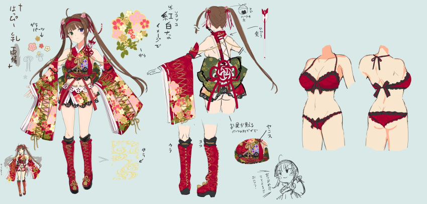 ahoge arrow_(projectile) ass backboob bad_source bell blue_eyes blunt_bangs blush boots bow bow_(weapon) bow_bra bow_panties bra breasts brown_hair butt_crack chibi chibi_inset chinese_knot cleavage clothes_on/clothes_off collarbone concept_art contrapposto detached_sleeves female floral_print floral_print_skirt floral_print_sleeves flower from_behind full_body green_background green_eyes groin hair_bell hair_flower hair_ornament hair_ribbon hairband heterochromia high_heels highres japanese_clothes jingle_bell lace lace-trimmed_bra lace-trimmed_panties lace-trimmed_skirt lace_trim large_breasts linea_alba long_hair looking_at_viewer median_furrow midriff miniskirt multiple_views navel notes official_alternate_costume official_alternate_hairstyle official_art panties pink_flower production_art quiver red_bra red_footwear red_hairband red_panties red_skirt red_sleeves reference_sheet ribbon ryoubi_(senran_kagura) senran_kagura senran_kagura_new_link senran_kagura_shinovi_versus shiny_skin shoulder_blades sideboob simple_background skirt solo standing t-pose tassel translation_request turnaround twintails underwear variations weapon wide_sleeves y_shaped_butt_crack yaegashi_nan yumi_(bow)