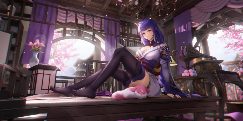 absurdres artist_name black_thighhighs braid breasts bridal_gauntlets chinese_commentary cleavage commentary_request dango day female fingernails flower food genshin_impact highres indoors japanese_clothes kimono large_breasts light_frown ling_dianxia long_hair looking_at_viewer nail_polish obi pink_flower purple_bridal_gauntlets purple_eyes purple_hair purple_kimono purple_nails raiden_shogun red_sash sanshoku_dango sash sitting thighhighs variant_set vase very_long_hair vision_(genshin_impact) wagashi yae_miko yae_miko_(fox)