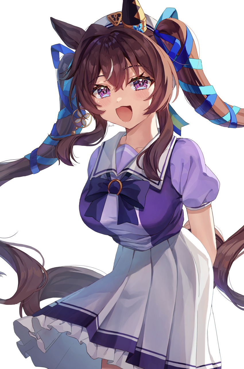 :3 :d absurdres animal_ears blue_ribbon bow bowtie brown_hair ear_covers female hair_between_eyes hair_ribbon highres horse_ears horse_girl horseshoe_ornament long_hair looking_at_viewer mole mole_under_eye pleated_skirt puffy_short_sleeves puffy_sleeves purple_bow purple_bowtie purple_eyes purple_shirt ribbon sailor_collar sailor_shirt school_uniform shirt short_sleeves signature simple_background single_ear_cover skirt smile solo tracen_school_uniform twintails umamusume vivlos_(umamusume) white_background white_skirt yoru_usagi