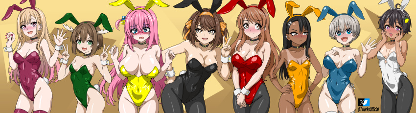 6+girls :d absurdres alternate_costume animal_ears antlers artist_name asahina_mikuru black_choker black_leotard black_pantyhose blonde_hair blue_eyes blue_leotard blush bocchi_the_rock! breasts bright_pupils brown_eyes brown_hair choker cleavage collarbone commentary covered_navel crossover cube_hair_ornament deer_antlers double_v embarrassed english_commentary fake_animal_ears food-themed_hair_ornament gotoh_hitori green_leotard grey_hair hair_ornament hair_ribbon hairband hairclip hand_on_own_hip hand_up hands_on_own_hips highres horns ijiranaide_nagatoro-san incredibly_absurdres kitagawa_marin lemon_hair_ornament leotard make_heroine_ga_oo_sugiru! medium_breasts medium_hair multiple_crossover multiple_girls nagatoro_hayase official_alternate_costume one_side_up open_mouth orange_hairband orange_ribbon pantyhose pink_hair playboy_bunny purple_eyes purple_leotard purple_thighhighs rabbit_ears red_leotard ribbon shaded_face shikanoko_noko shikanoko_nokonoko_koshitantan short_hair simple_background smile sono_bisque_doll_wa_koi_wo_suru standing suzumiya_haruhi suzumiya_haruhi_no_yuuutsu t-works tan tanlines thighhighs twitter_username uzaki-chan_wa_asobitai! uzaki_hana v watermark waving white_horns white_leotard white_pupils white_wrist_cuffs wrist_cuffs yakishio_lemon yellow_background yellow_leotard