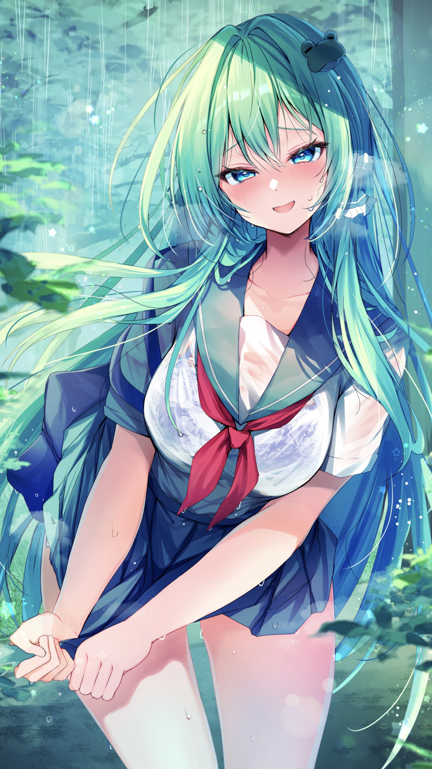 absurdres blue_eyes blue_sailor_collar blue_skirt breasts commentary_request female frog_hair_ornament green_hair hair_ornament highres kochiya_sanae large_breasts long_hair looking_at_viewer neckerchief nenobi_(nenorium) open_mouth red_neckerchief sailor_collar school_uniform serafuku skirt smile solo touhou wet wet_clothes