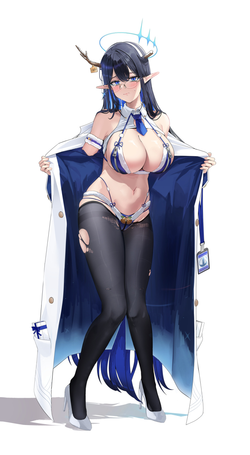 bare_shoulders black_hair black_pantyhose blue_archive blue_eyes blue_hair blue_halo blue_necktie breasts cleavage closed_mouth coat colored_inner_hair crotchless crotchless_pantyhose earrings female full_body giga-tera glasses halo high_heels highres jewelry large_breasts long_hair looking_at_viewer multicolored_hair navel necktie pantyhose pointy_ears rin_(blue_archive) shoes simple_background solo standing torn_clothes torn_pantyhose very_long_hair white_background white_coat white_footwear