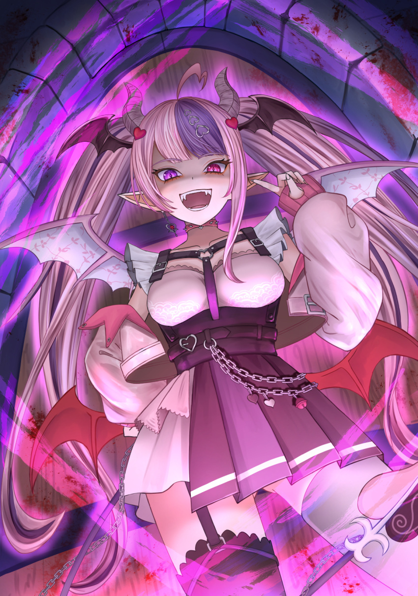 ahoge black_garter_straps black_skirt black_thighhighs choker demon_girl demon_tail demon_wings detached_sleeves earrings female garter_straps hair_ornament hand_on_own_hip head_wings heart heart_ahoge heart_earrings heart_hair_ornament heterochromia highres ironmouse ironmouse_(15th_costume) jewelry long_hair looking_at_viewer low_wings multicolored_hair multiple_wings open_mouth pink_choker pink_hair pink_shirt pink_sleeves pointy_ears pokey_(mikeneko3204) purple_eyes purple_hair red_eyes shirt single_earring skirt smile solo spiked_choker spikes streaked_hair tail thighhighs twintails virtual_youtuber vshojo white_thighhighs wings