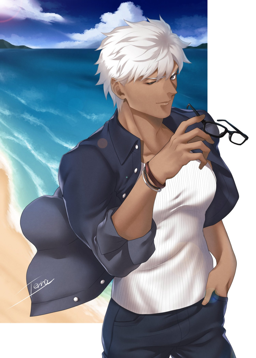 1boy archer_(fate) black_pants black_shirt cloud collarbone cowboy_shot dark-skinned_male dark_skin day fate/grand_order fate_(series) glasses hand_in_pocket highres male_focus one_eye_closed open_clothes open_shirt outdoors pants pectorals shirt shore short_hair signature solo terra_ekm white_hair white_shirt