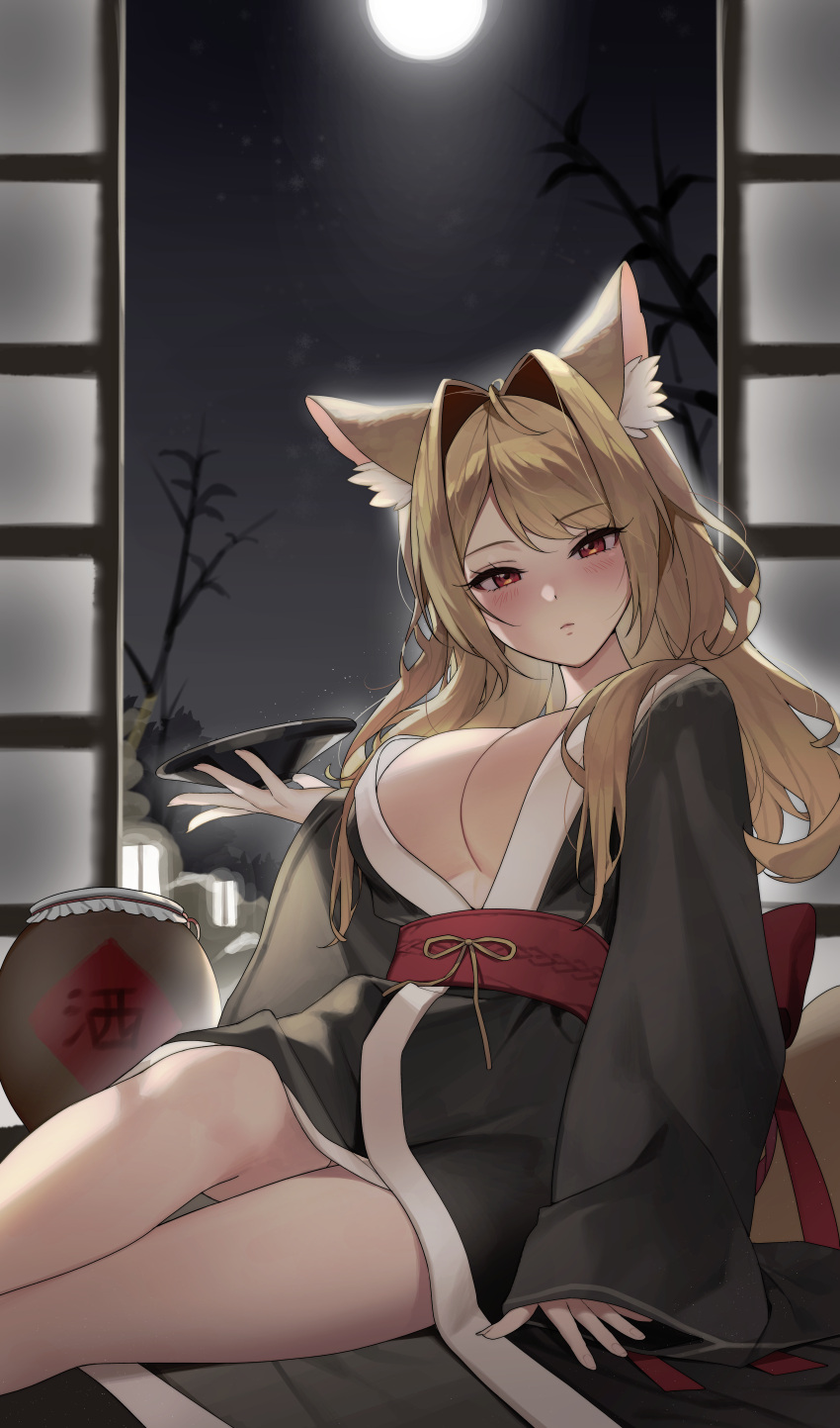 absurdres animal_ear_fluff animal_ears back_bow black_robe blonde_hair bow breasts closed_mouth cup daebol eyelashes female fox_ears fox_girl fox_tail highres holding incredibly_absurdres large_breasts long_hair moon night night_sky original red_bow red_eyes robe sakazuki shouji sky sliding_doors solo tail