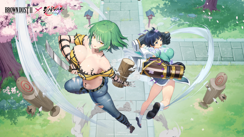 2girls absurdres armpits blue_eyes blue_hair bouncing_breasts breasts brown_dust_(series) brown_dust_2 butt_crack cherry_blossoms closed_mouth crop_top denim dummy eyebrows_hidden_by_hair full_body green_hair green_kimono hair_between_eyes highres hikage_(senran_kagura) holding holding_weapon huge_breasts japanese_clothes jeans jumping kimono knife kunai licking_lips log looking_at_viewer motion_lines multiple_girls official_art official_wallpaper open_mouth pants power_fist sandals senran_kagura senran_kagura_new_link short_hair shrine tabi throwing_knife tongue tongue_out torn_clothes torn_jeans torn_pants weapon yellow_eyes yozakura_(senran_kagura)