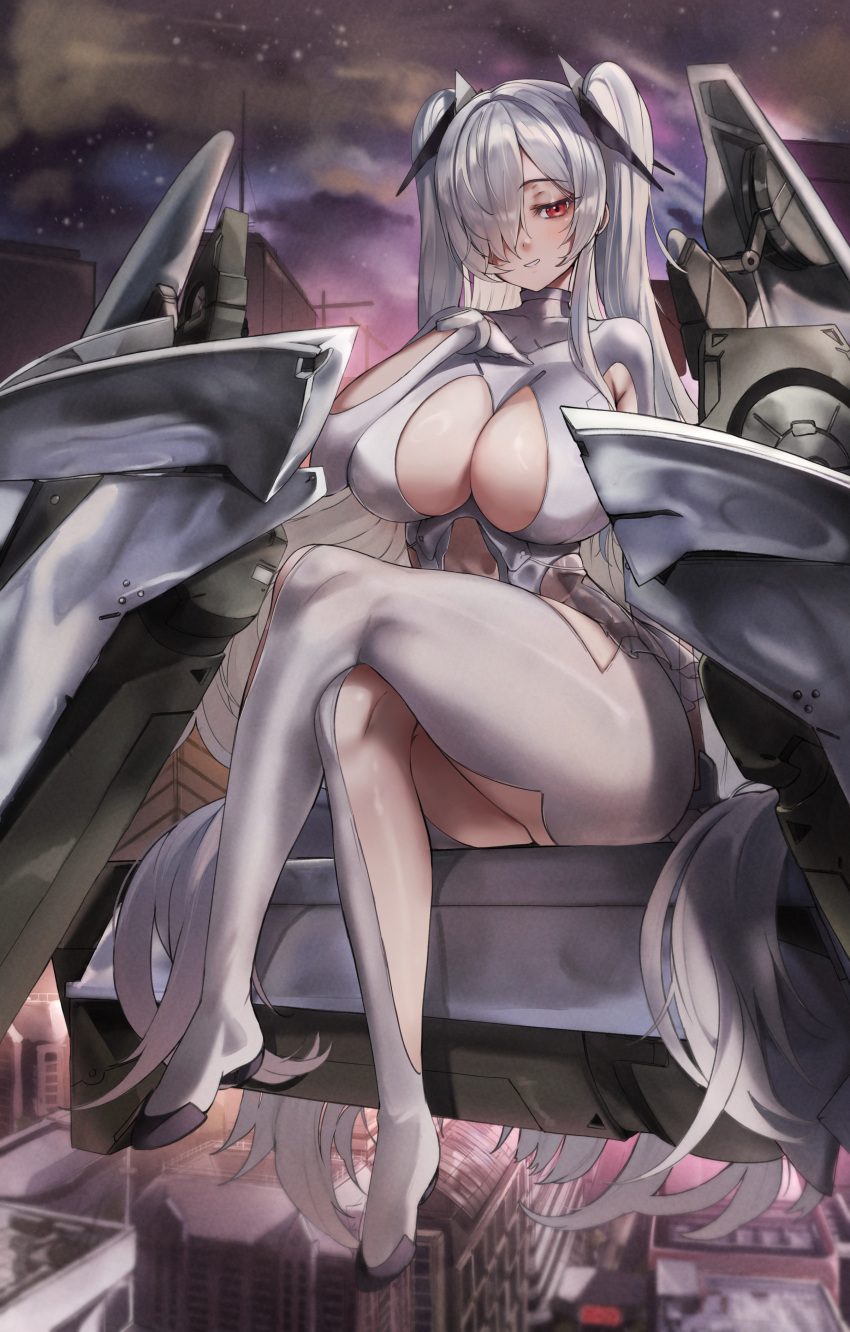 absurdres armored_leotard armpit_cutout blush bodysuit breasts cinderella_(nikke) cleavage cleavage_cutout clothing_cutout crossed_legs female gloves goddess_of_victory:_nikke grey_bodysuit grey_hair hair_over_one_eye highres horns large_breasts leg_cutout leotard long_hair looking_at_viewer mechanical_horns minus_zero69 navel navel_cutout one_eye_covered red_eyes see-through_clothes see-through_skirt sitting skirt solo stomach_cutout thighs twintails very_long_hair white_bodysuit white_hair