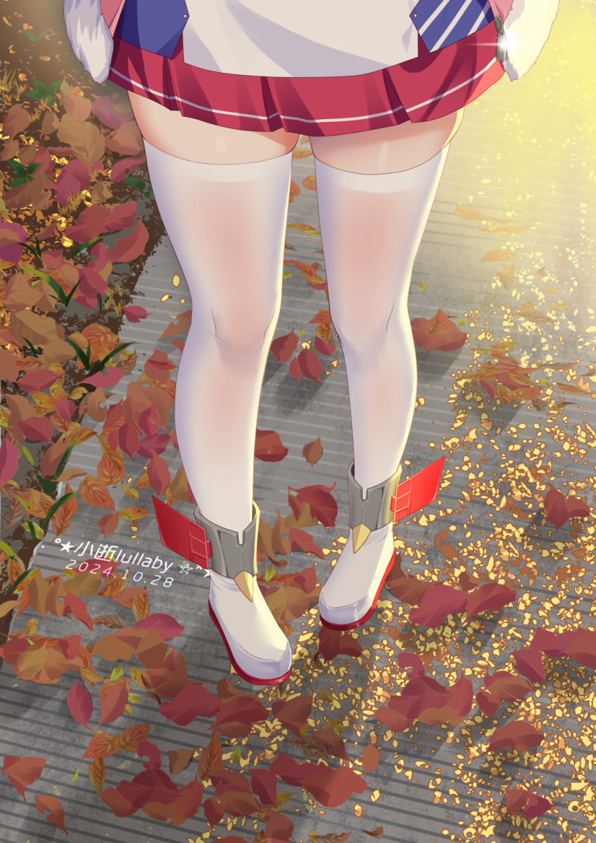 artist_name autumn_leaves azur_lane dated day female highres laffey_(azur_lane) lower_body outdoors path pigeon-toed pink_skirt pleated_skirt rudder_footwear shirt skindentation skirt solo thighhighs thighs white_footwear white_shirt white_thighhighs xiao_shi_lullaby zettai_ryouiki