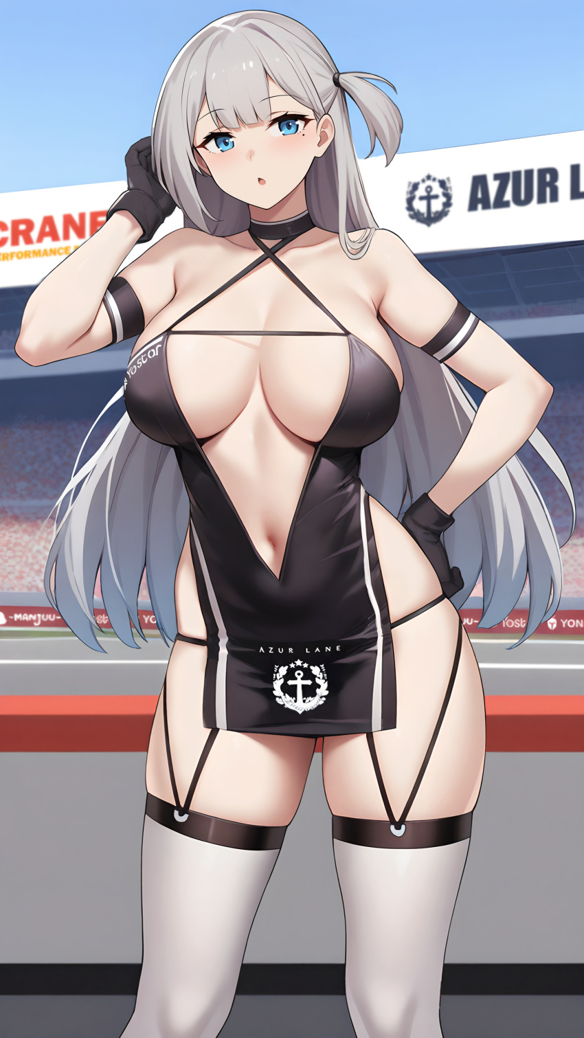 absurdres ai-assisted azur_lane bare_shoulders belly black_gloves blue_eyes breasts breasts_apart cleavage_cutout clothing_cutout crane_enthusiast criss-cross_halter female gloves halterneck hand_on_own_hip highres large_breasts mole mole_under_eye navel pelvic_curtain race_queen shoukaku_(azur_lane) shoukaku_(sororal_wings)_(azur_lane) skindentation thighhighs white_hair white_thighhighs