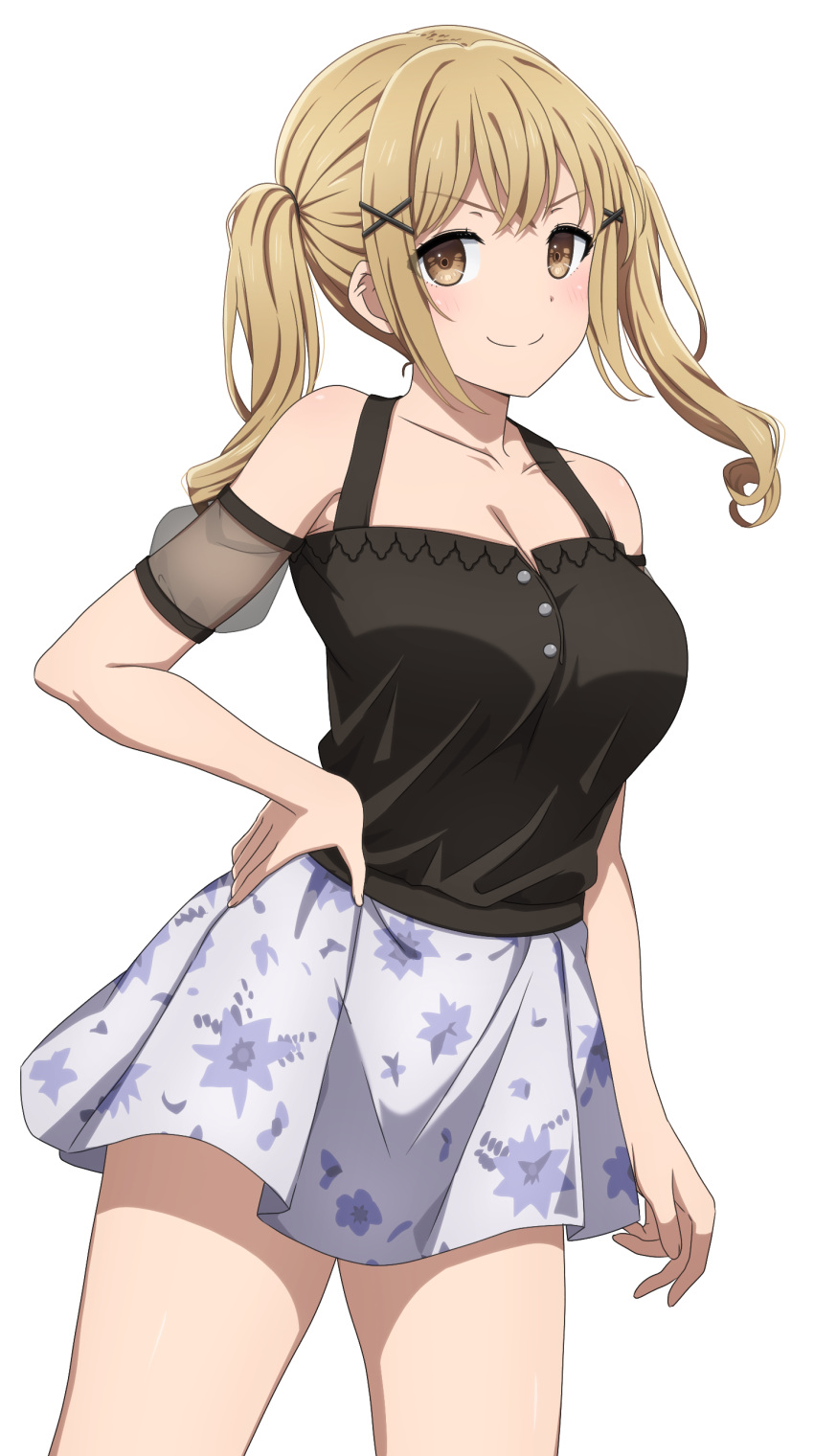 >:) absurdres arm_at_side bang_dream! bare_shoulders black_shirt blonde_hair blush breasts brown_eyes buttons cleavage closed_mouth collarbone commentary cowboy_shot crossed_bangs detached_sleeves female floral_print grey_skirt hair_ornament halter_shirt halterneck hand_on_own_hip highres ichigaya_arisa large_breasts long_hair looking_at_viewer miniskirt noshimurin paid_reward_available print_skirt puffy_detached_sleeves puffy_sleeves see-through_clothes see-through_sleeves shirt short_sleeves simple_background skirt sleeveless sleeveless_shirt solo standing twintails v-shaped_eyebrows white_background x_hair_ornament