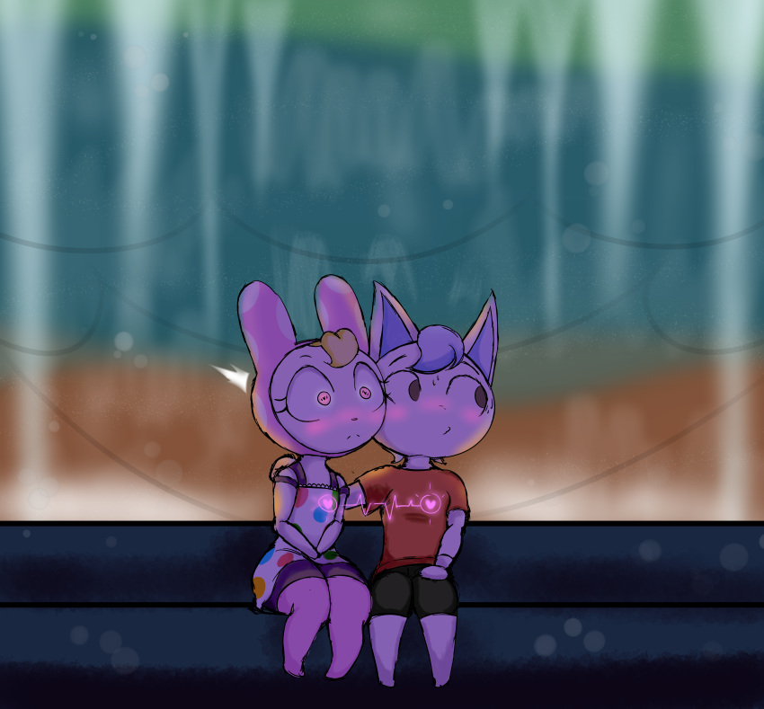 absurd_res animal_crossing anthro blush chrissy_(animal_crossing) date domestic_cat duo felid feline felis female fountain hand_on_shoulder heart_symbol hi_res kid_cat_(animal_crossing) lagomorph leporid looking_away male male/female mammal night nintendo rabbit sitting zebunnyparadise