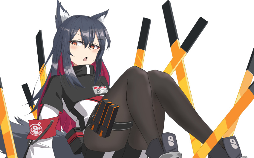 animal_ear_fluff animal_ears arknights armband black_hair black_pantyhose black_shorts blush colored_inner_hair feet_out_of_frame female fubou_(0503oekaki24) hair_between_eyes highres jacket long_hair long_sleeves multicolored_hair open_mouth orange_eyes pantyhose penguin_logistics_logo red_armband red_hair shirt shorts sitting solo sword tail texas_(arknights) thigh_strap weapon white_jacket wolf_ears wolf_girl wolf_tail