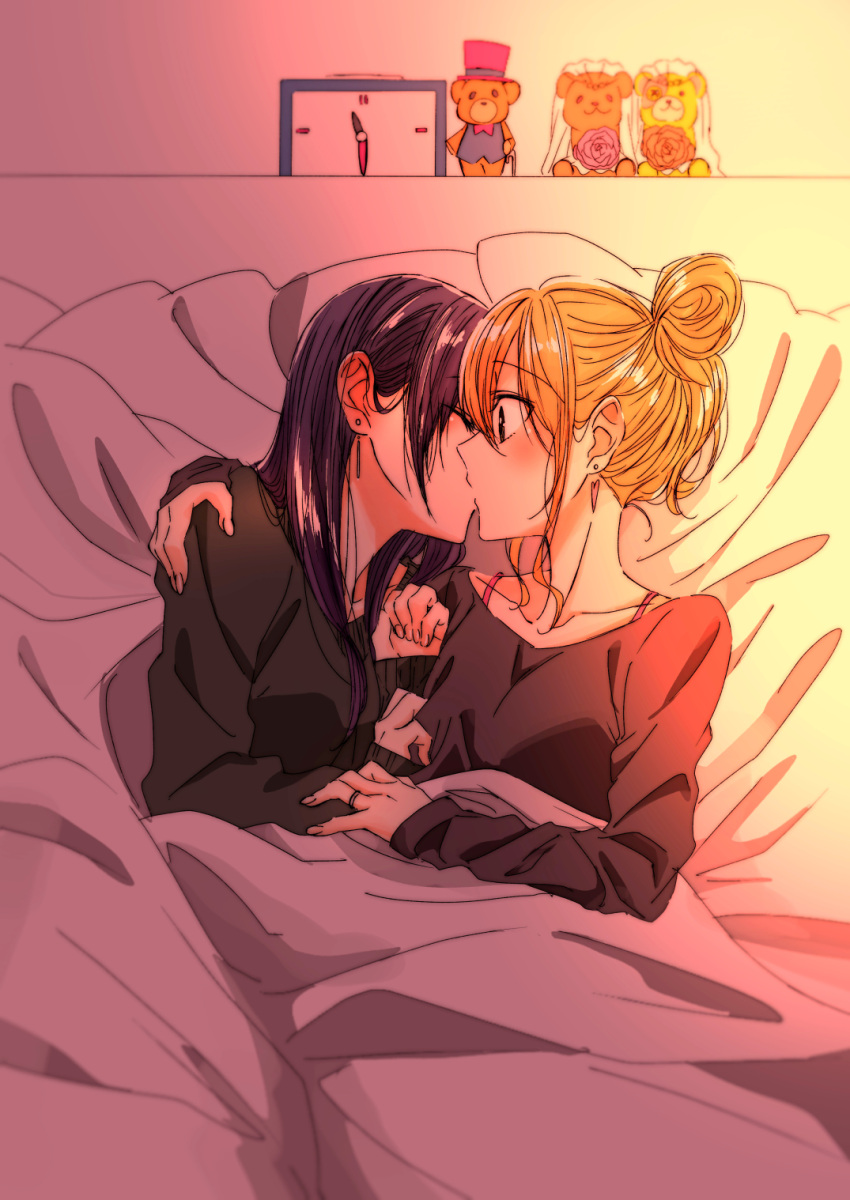 2girls aihara_mei aihara_yuzu bad_id bad_pixiv_id bed bed_sheet black_hair blonde_hair blush breasts citrus_(saburouta) closed_eyes ear_blush earrings glidesloe green_eyes highres jewelry kissing long_hair lying multiple_girls on_bed on_side pillow ring shirt siblings sisters step-siblings step-sisters wife_and_wife yuri